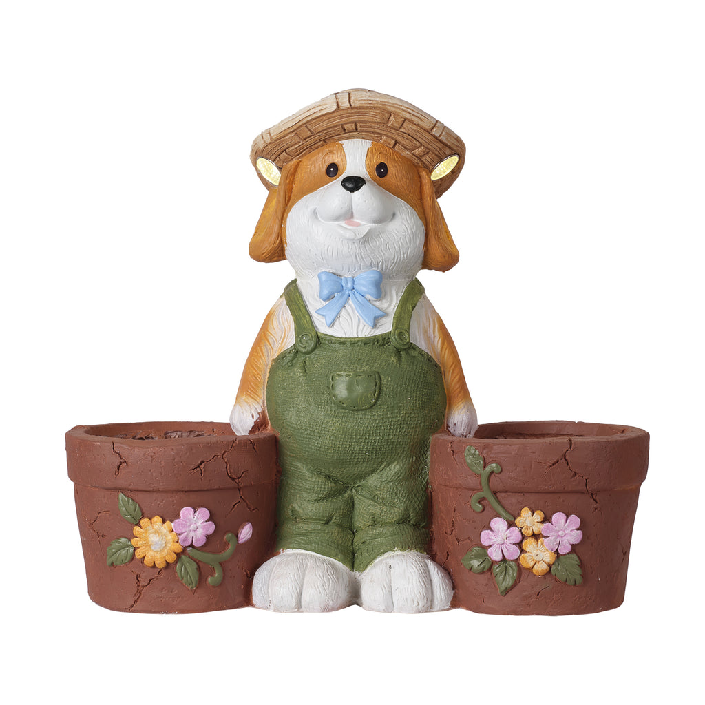 Magnesium Oxide Dog Statue Planter with Solar LED Lights in Ears, Dual Flower Pots Garden Decor, 21", for Patio & Doorway