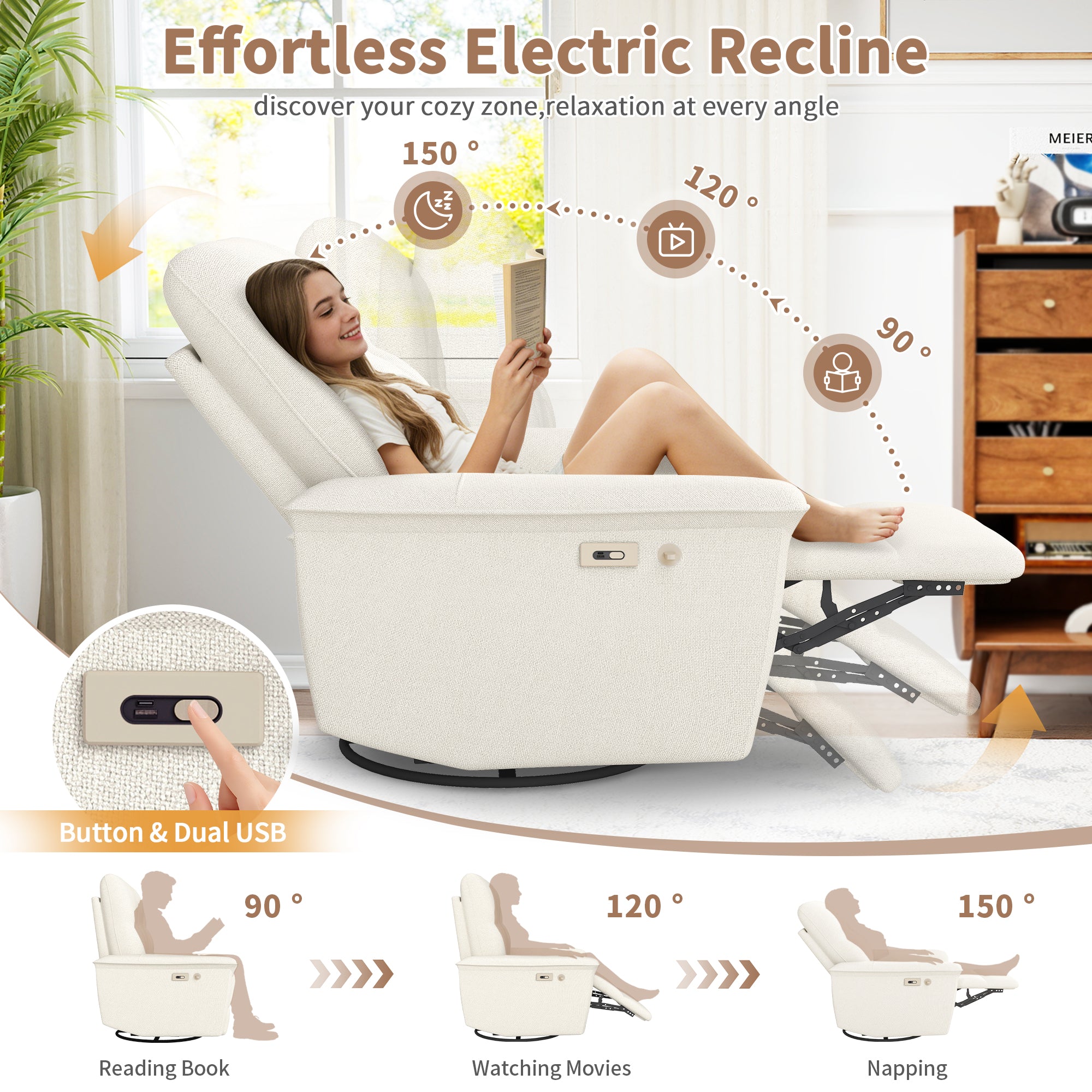 270° Power Swivel Rocker Recliner Chair w/ USB Ports - Beige-Gray