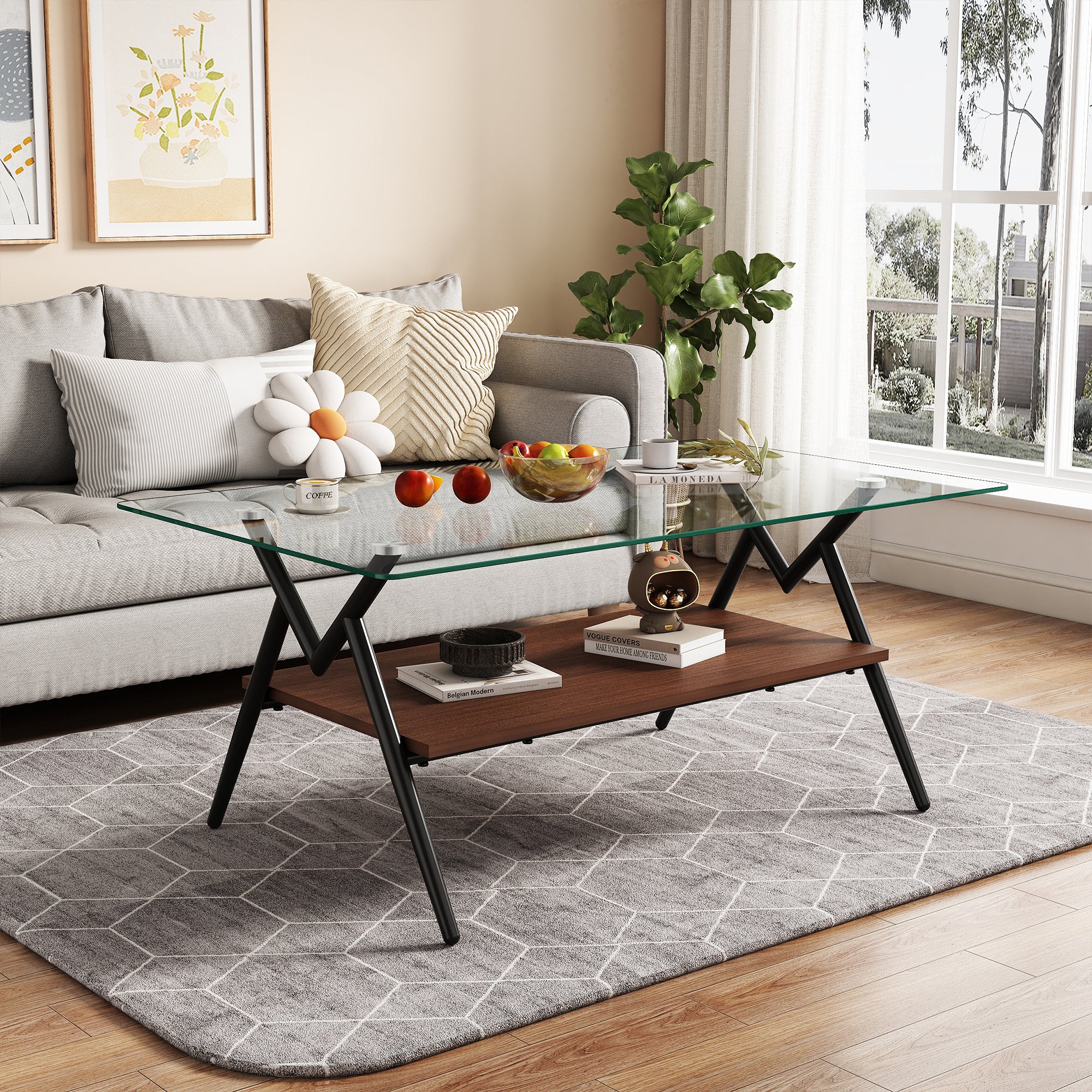 Rectangle Coffee Table with Tempered Glass Top