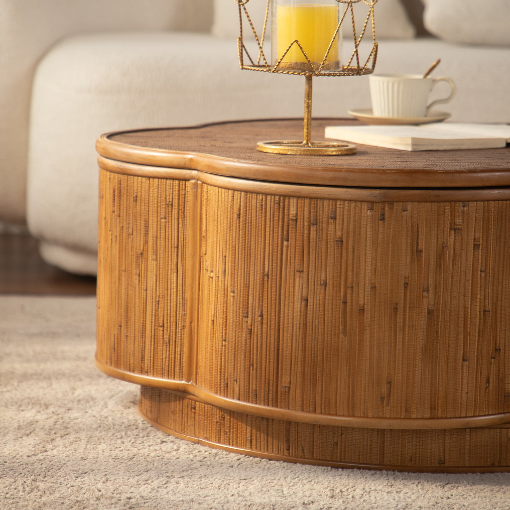 Flower-Shaped Rattan Coffee Table with Lift-Off Lid Storage