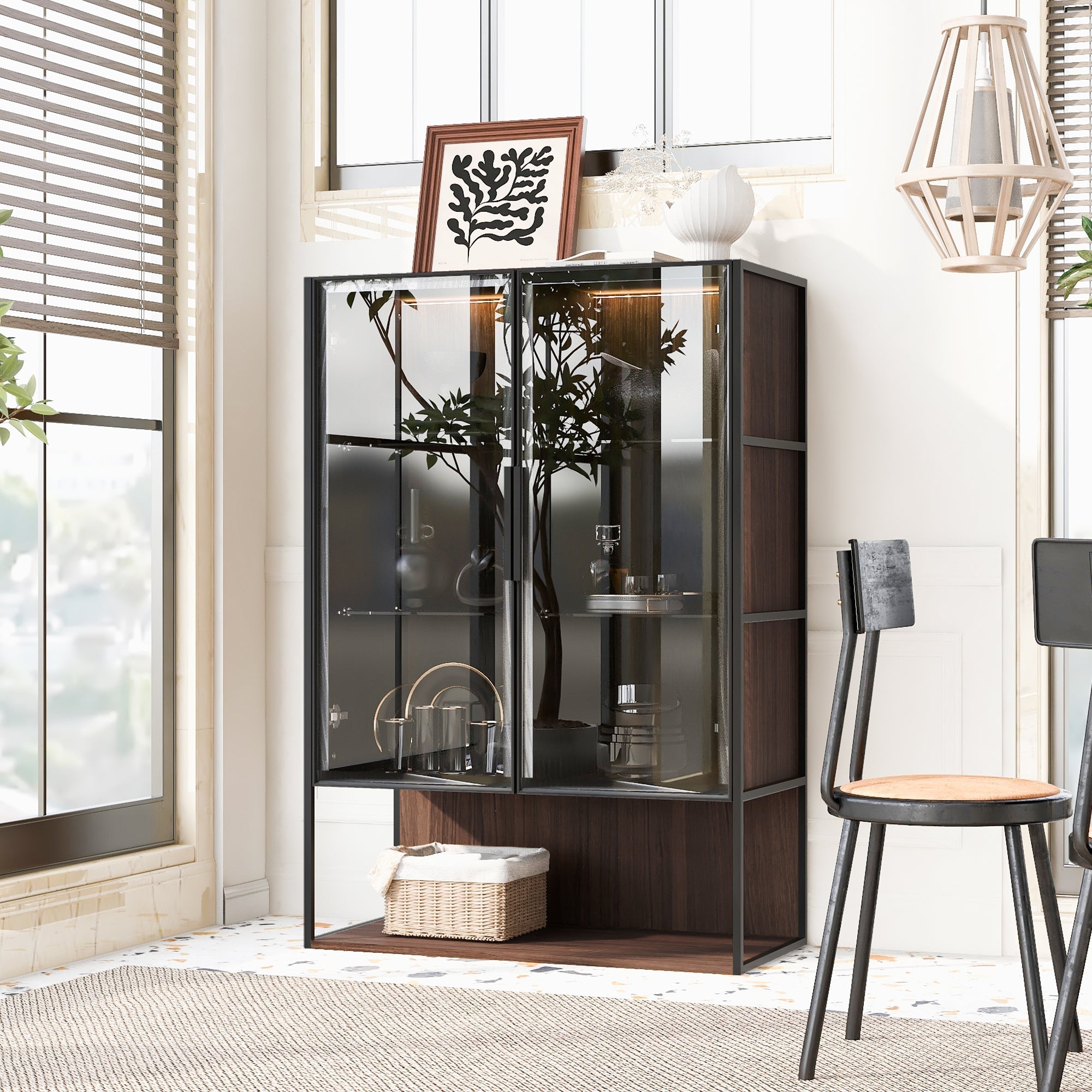 Modern Minimalist 51.2" Tall Lighted Display Cabinet with Tempered Glass