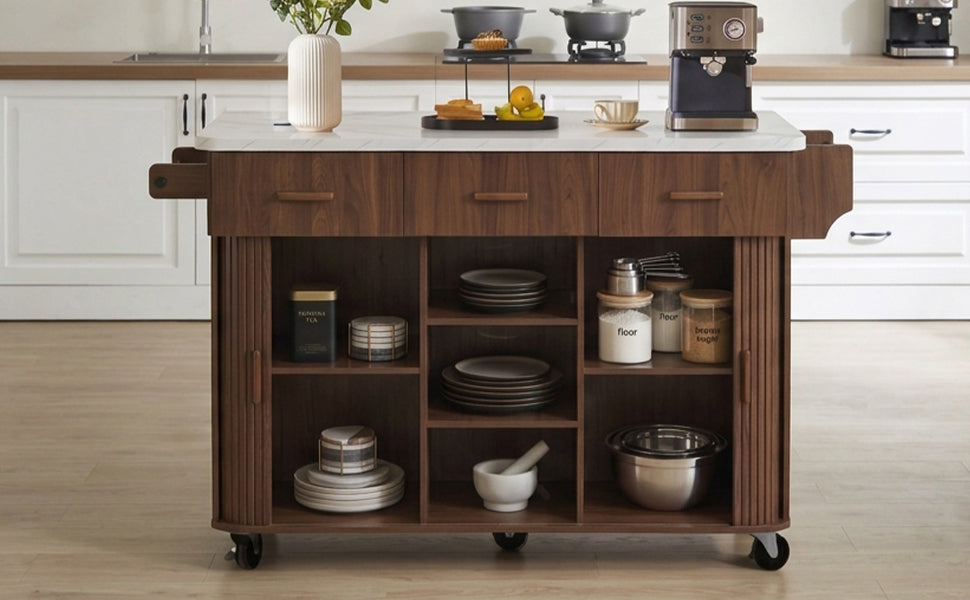 K&K 53.6" Kitchen Island with Drop Leaf, Rolling Cart on Wheels, Walnut Brown