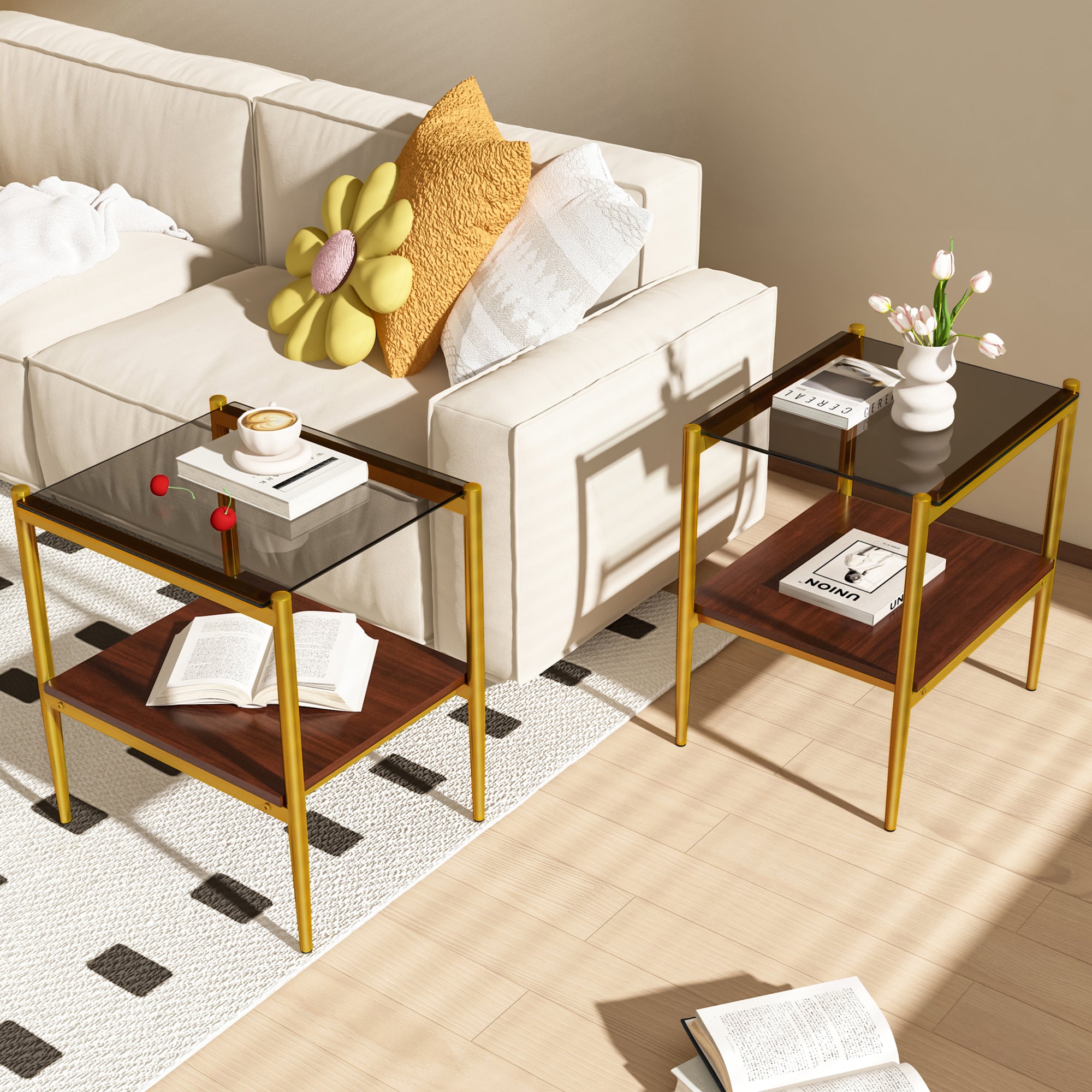 Set of 2 Rectangle End Tables with Tempered Glass Top