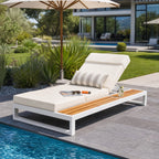 White Iron & Teak Finish Chaise Lounge Set