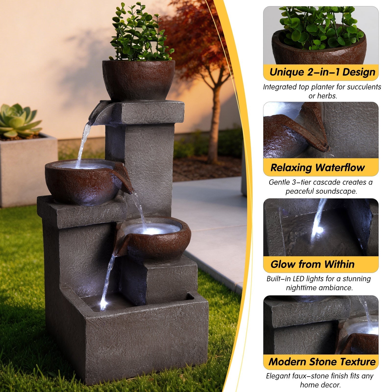 Outdoor Water Fountain Tiered Cascading Jar Waterfall Resin Garden Patio Decor with LED Lights