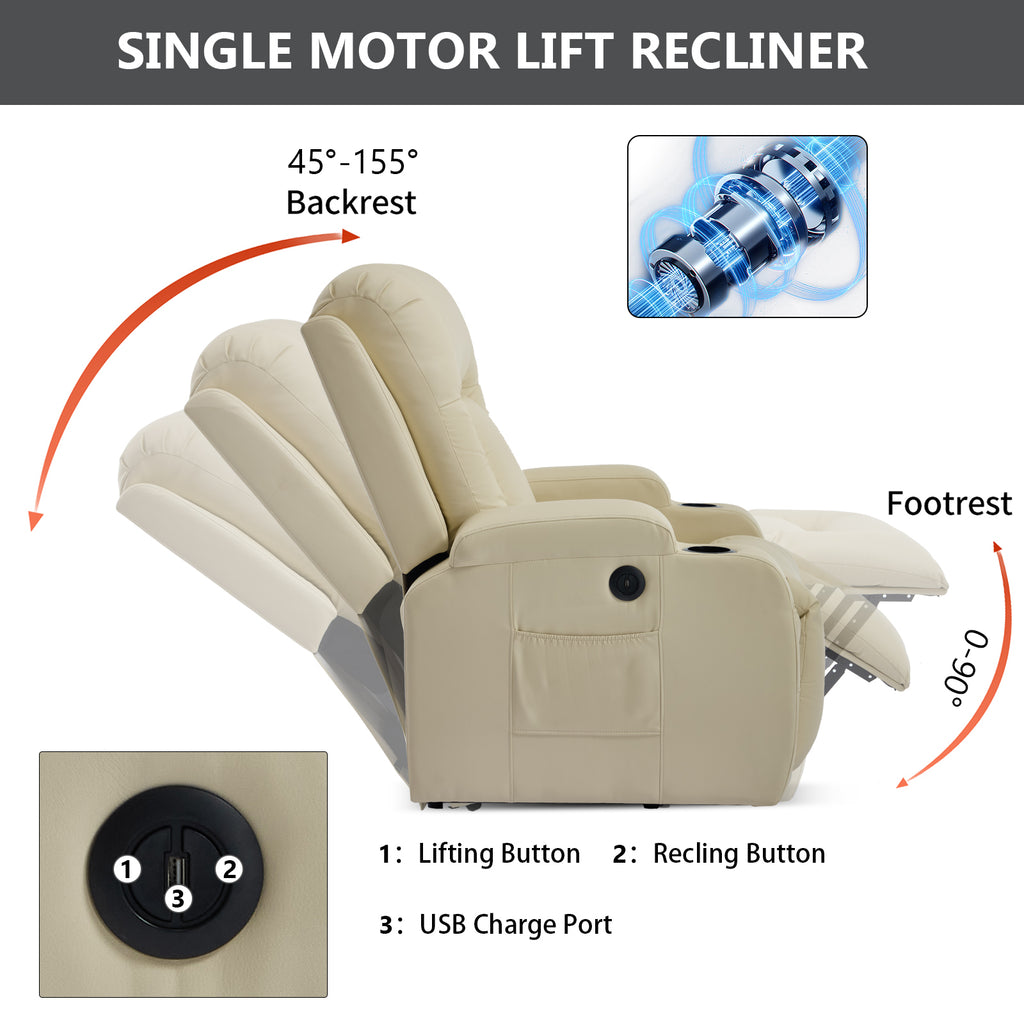 Beige PU Power Lift Recliner Chair for Elderly