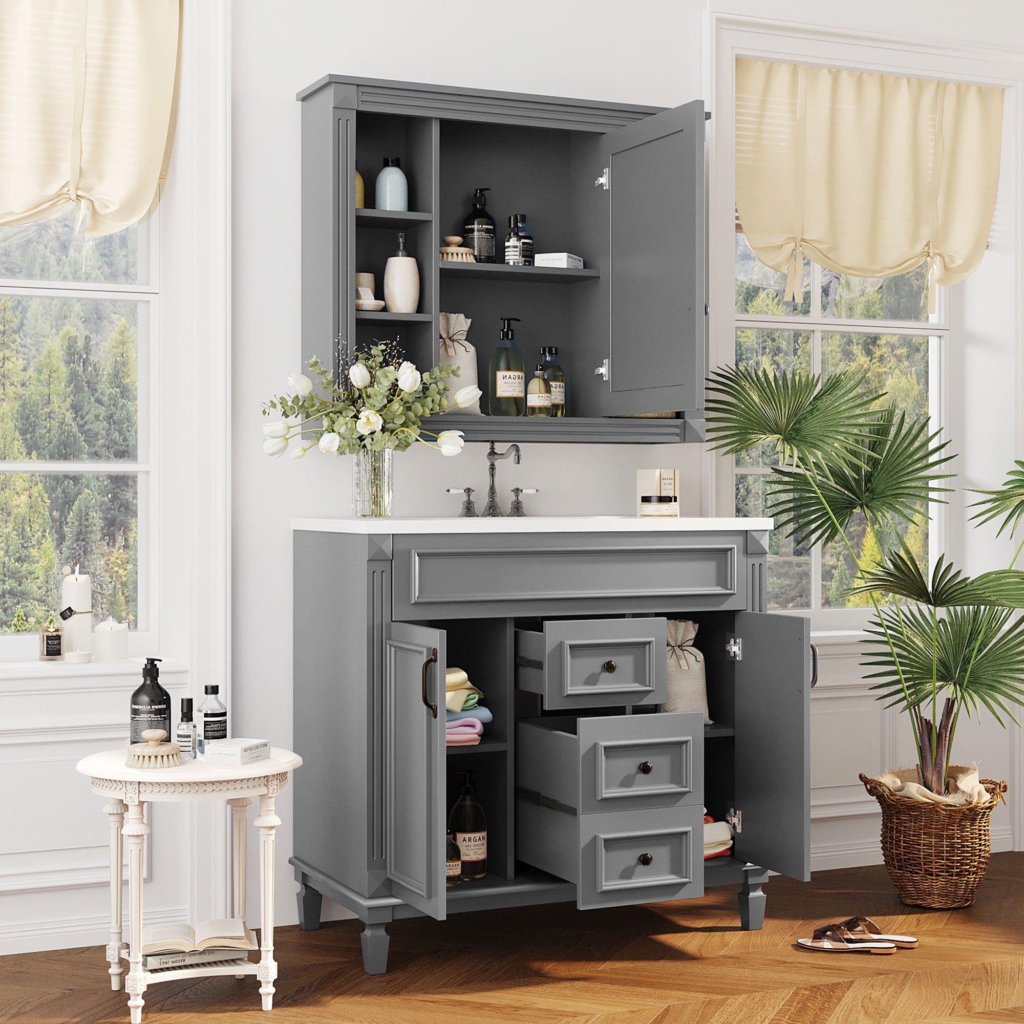 36" Bathroom Vanity with Top Sink, Mirror Cabinet