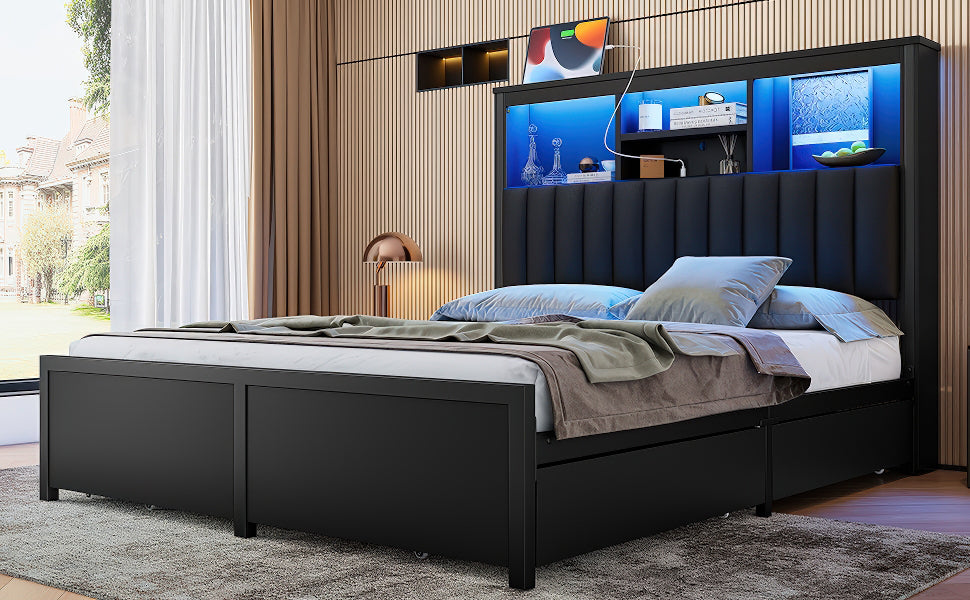 King Bed Frame with High Storage Headboard