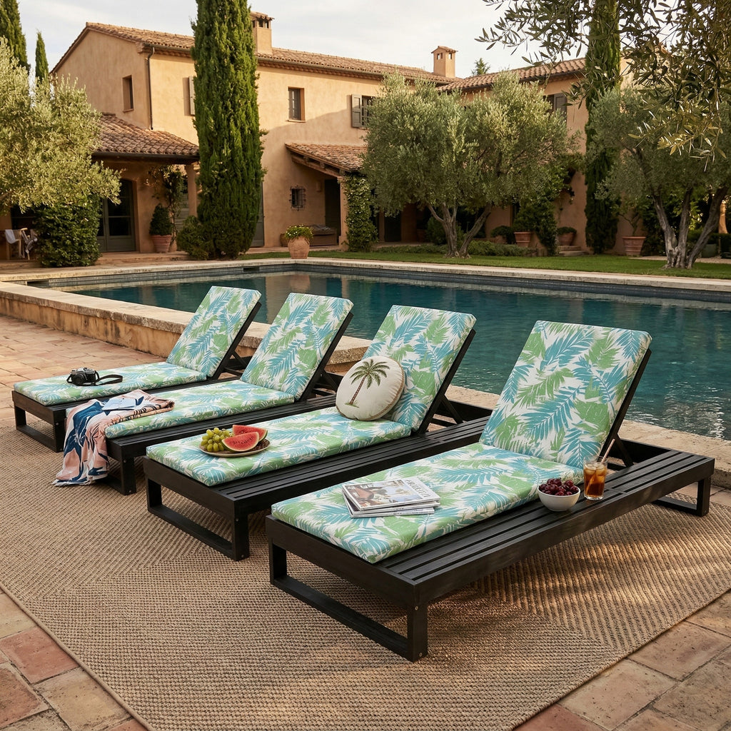 Black Acacia Wood Chaise Lounge with Cushion Set