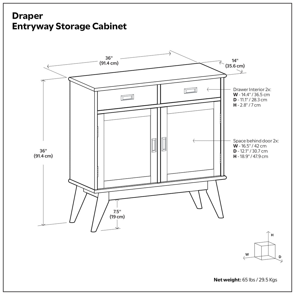 Draper 36 Inch Wide Solid Wood Mid Century Entryway Storage Cabinet