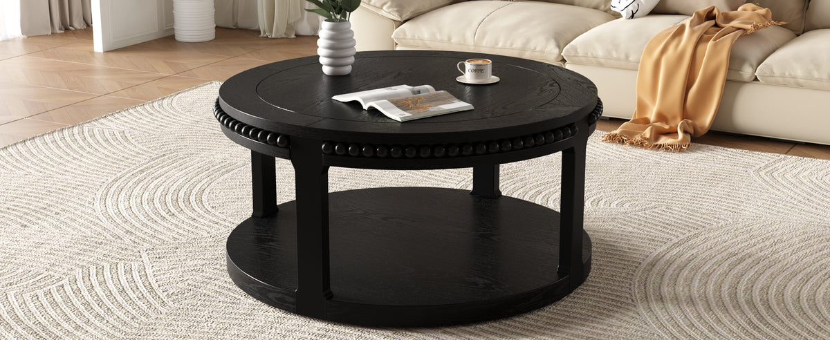 31.5-Inch Round Solid Wood Coffee Table, Two-Tier Open Storage, Black