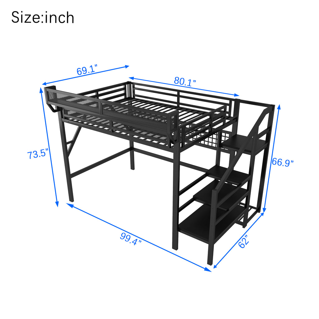 Queen Size Loft Bed with Stairs, Light, and Storage