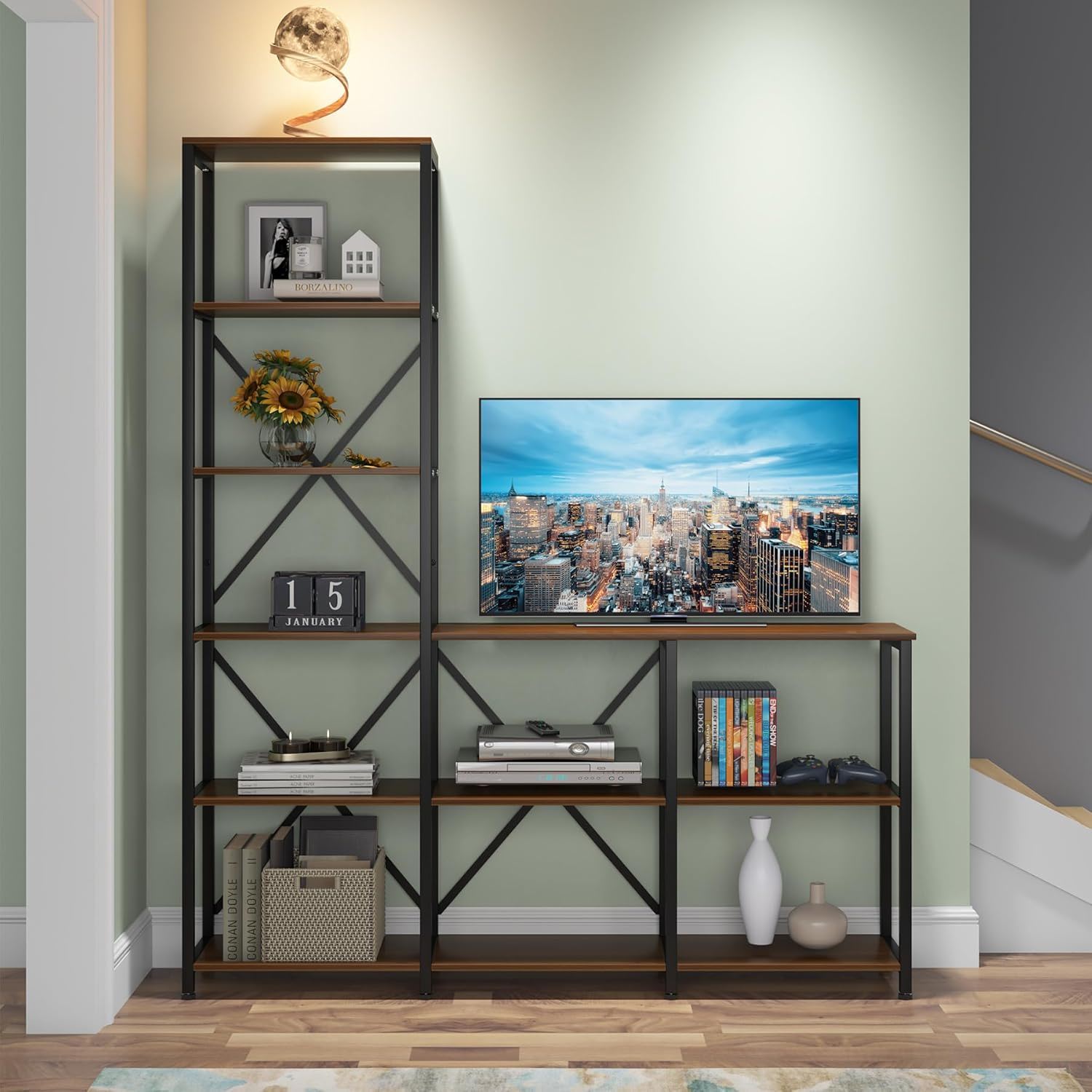 6 Tier Ladder Corner Etagere Bookshelf - Rustic Brown