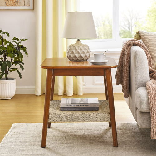23" Mid-Century Side Table with Woven Shelf