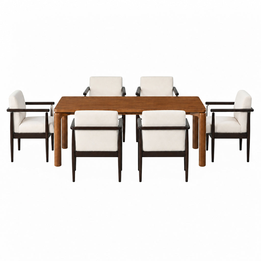 Mid-Century 7-Piece Dining Table Set, 70" Rubber Wood