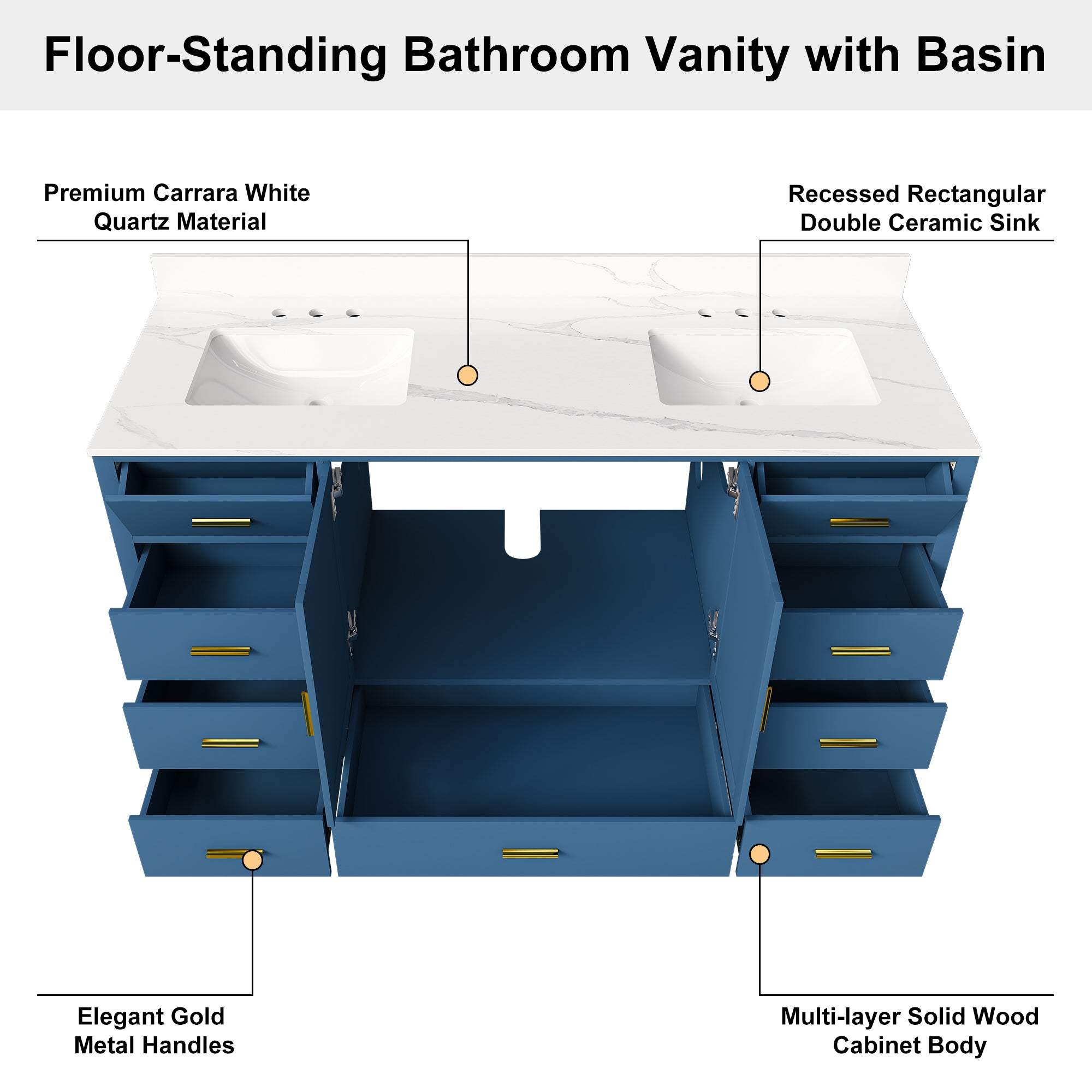 60" Solid Wood Bathroom Vanity with 2 Sinks