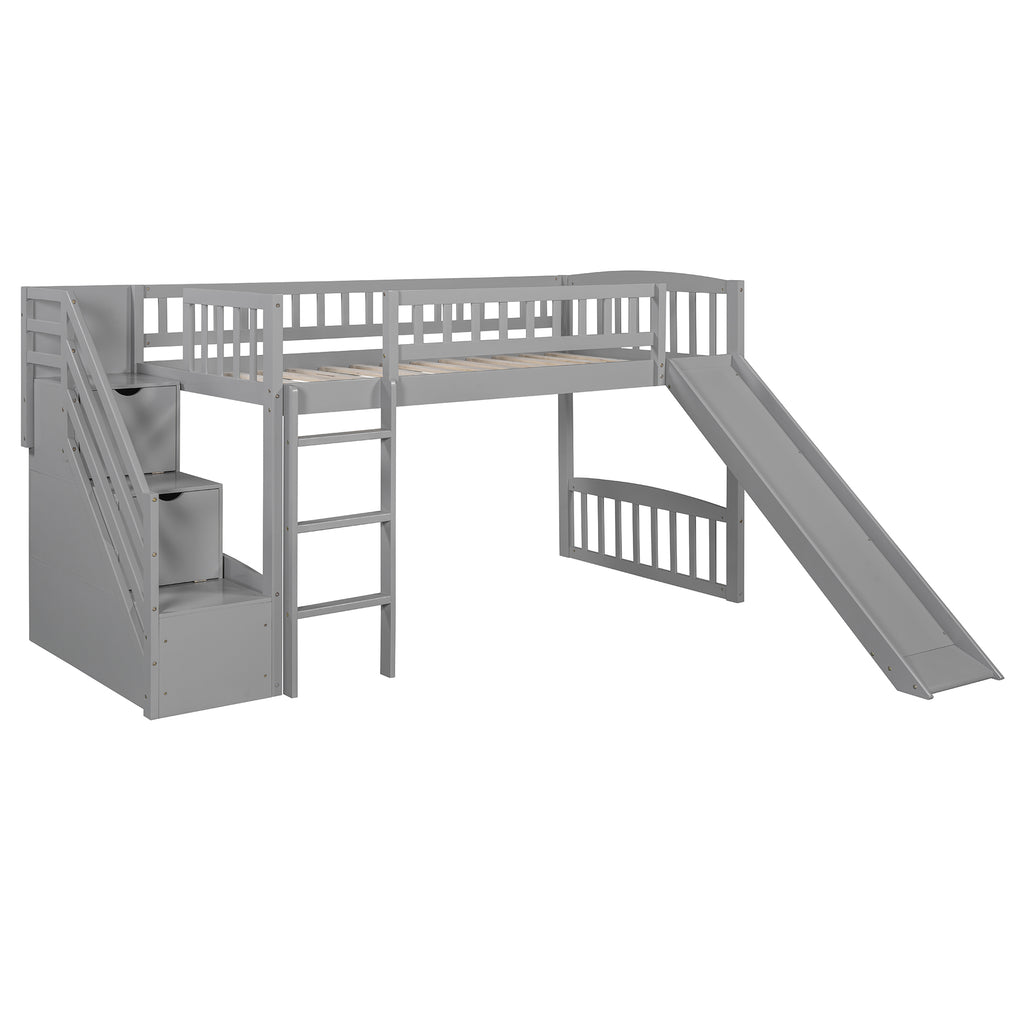 Stairway Twin Size Loft Bed with Two Drawers and Slide, Gray