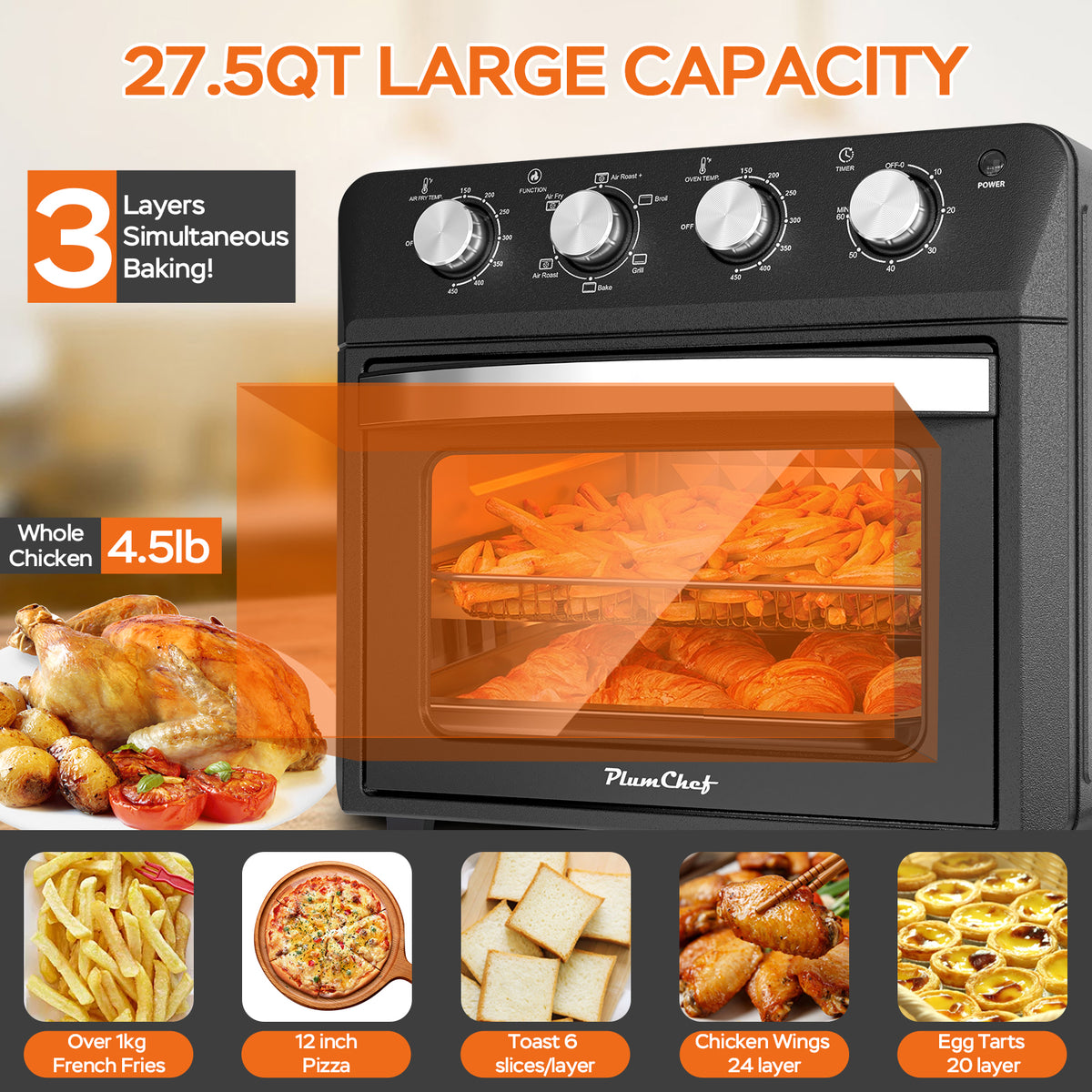Plum Chef Air Fryer Oven 27.5QT - 6-in-1 Countertop Convection Oven