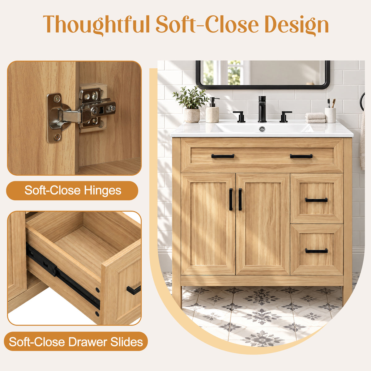 36-Inch Bathroom Vanity with Ceramic Sink, Soft-Close Doors and Drawers, Wood