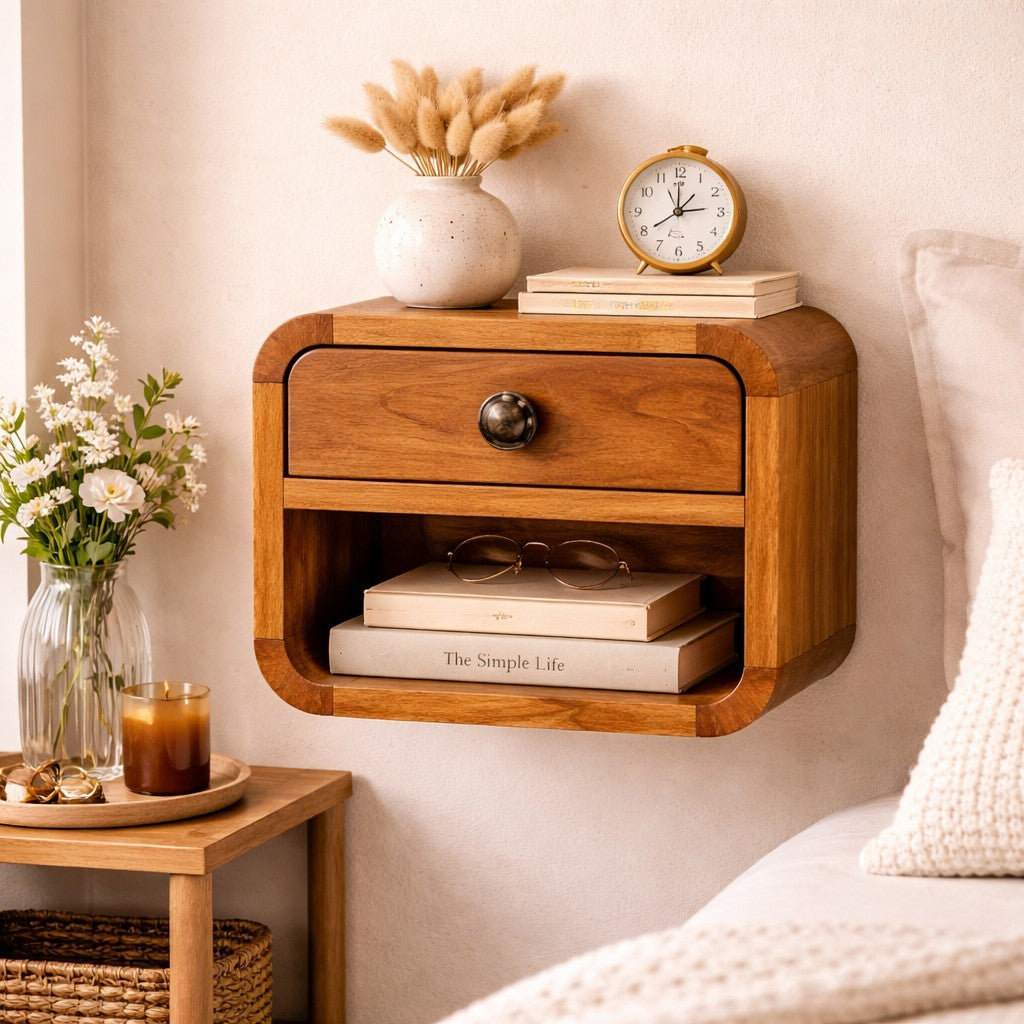 Solid Wood Curved Wall Mounted Bedside