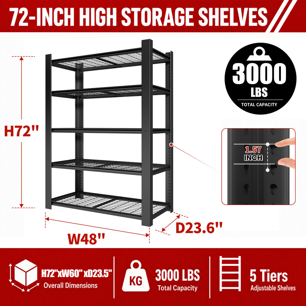 72"H 5-Tier Adjustable Heavy Duty Shelving Metal Mesh Storage Rack