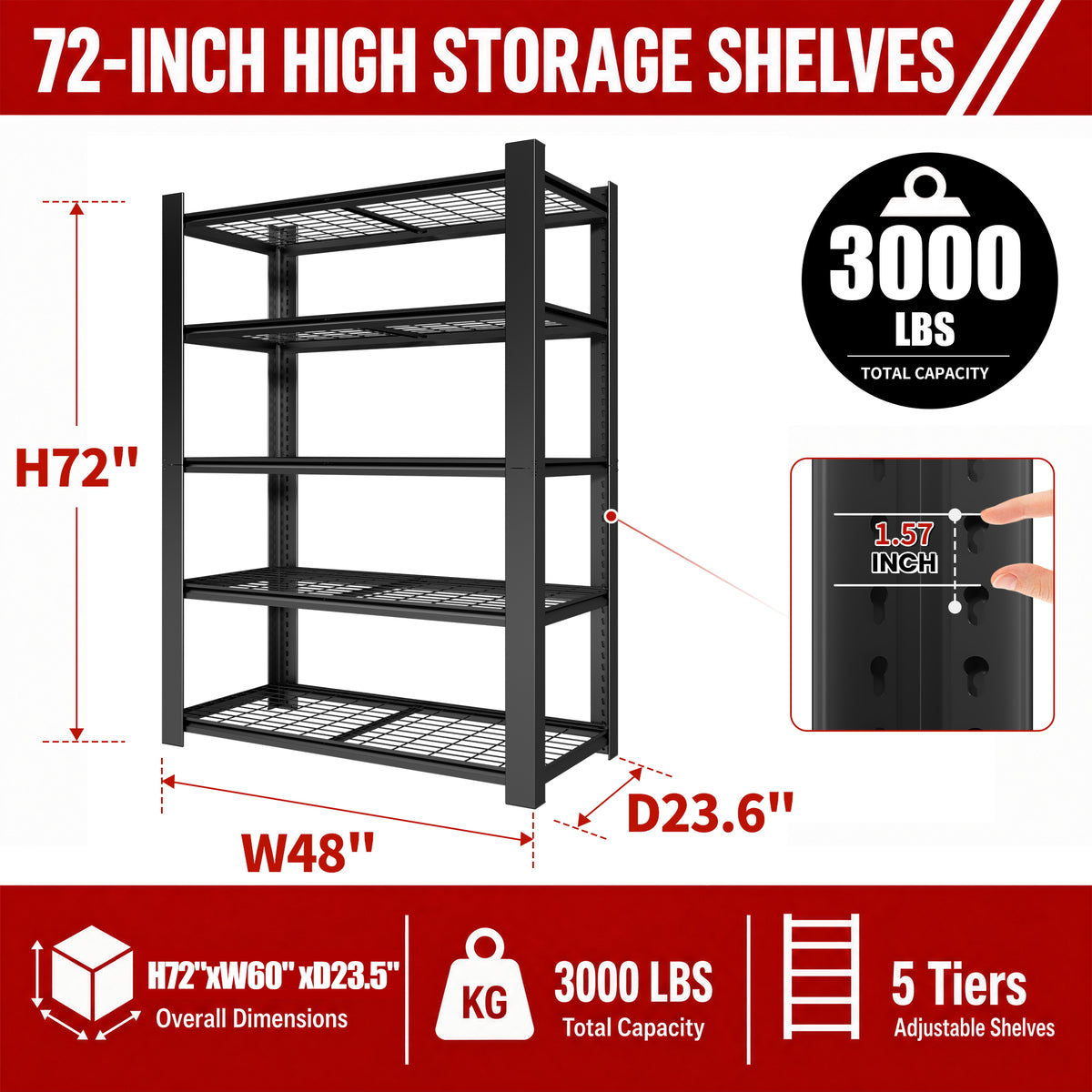 72"H 5-Tier Adjustable Heavy Duty Shelving Metal Mesh Storage Rack