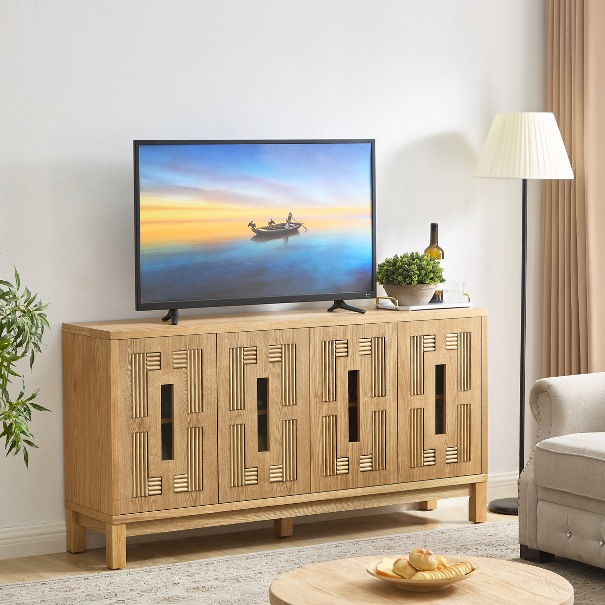Mid Century Modern Sideboard Buffet Cabinet, 60.7-Inch, 4 Doors with Carved Design, Natural Wood