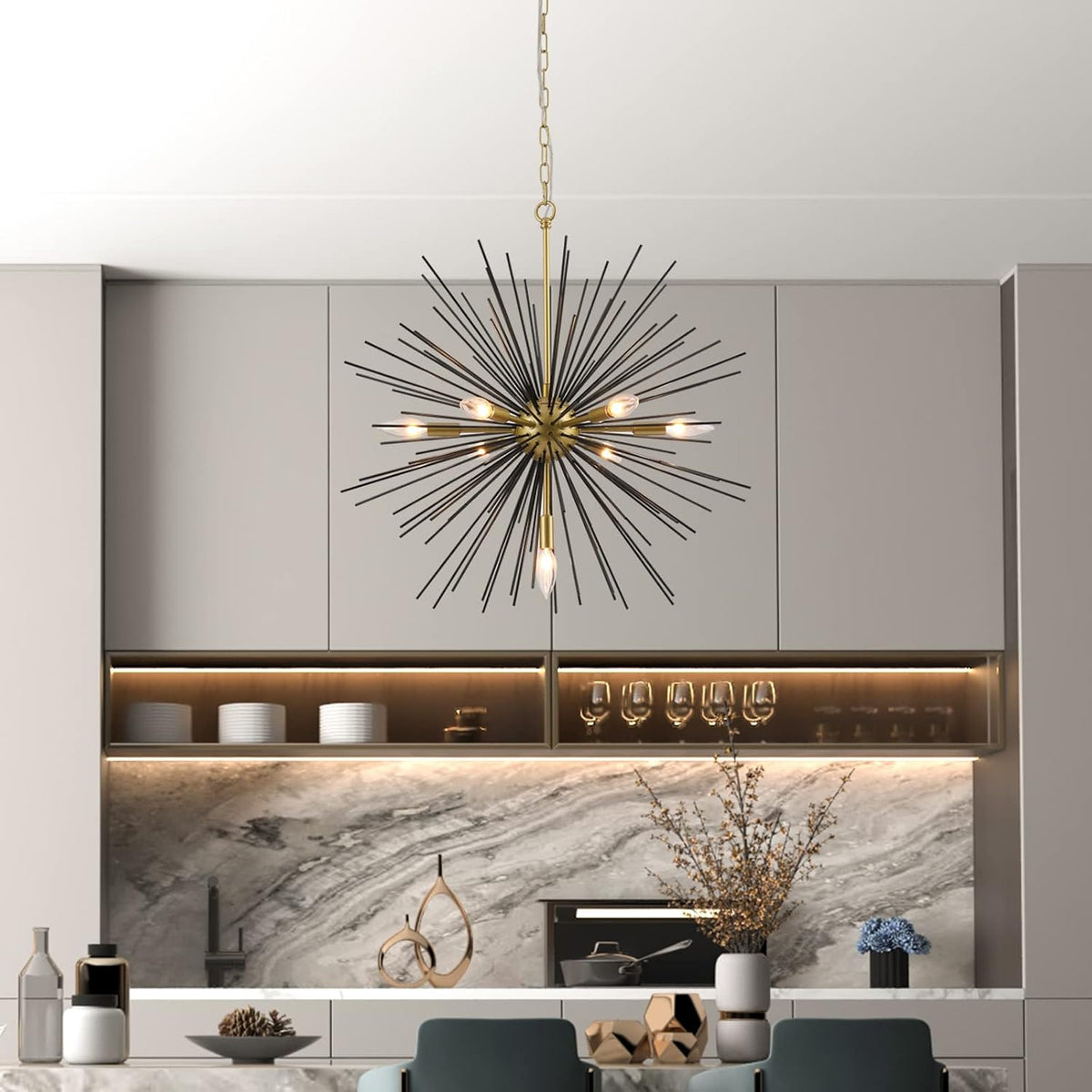 Sputnik Chandelier, 7-Light Satellite Pendant, 25.6-Inch, Gold or Black