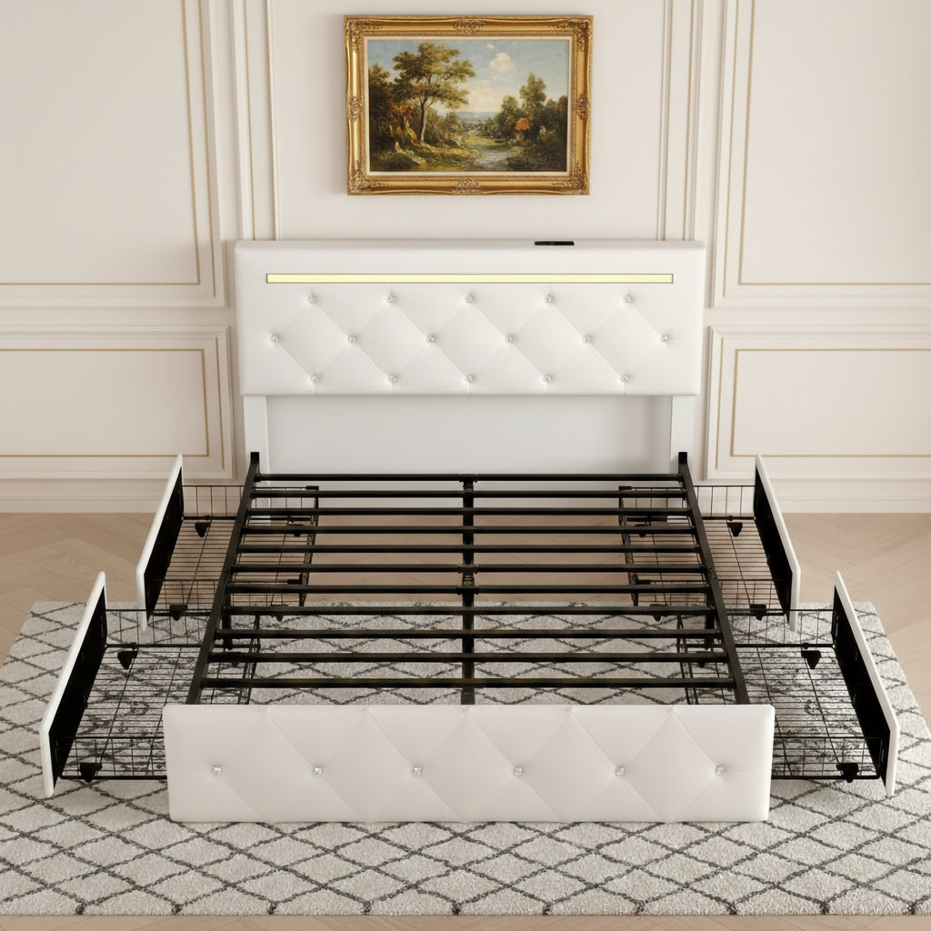 Full Size Bed Frame With LED Light And 4 Storage Drawers