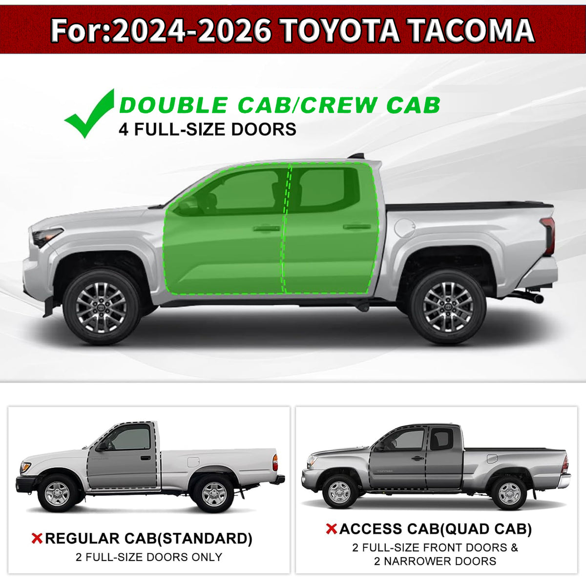 Running Boards Side Steps for 2024–2026 Toyota Tacoma Double Cab, Black or Red