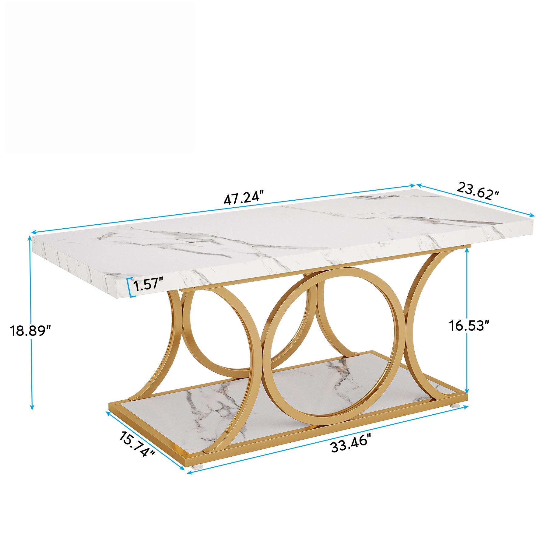 47.24-inch Modern Rectangle Coffee Table in White & Gold