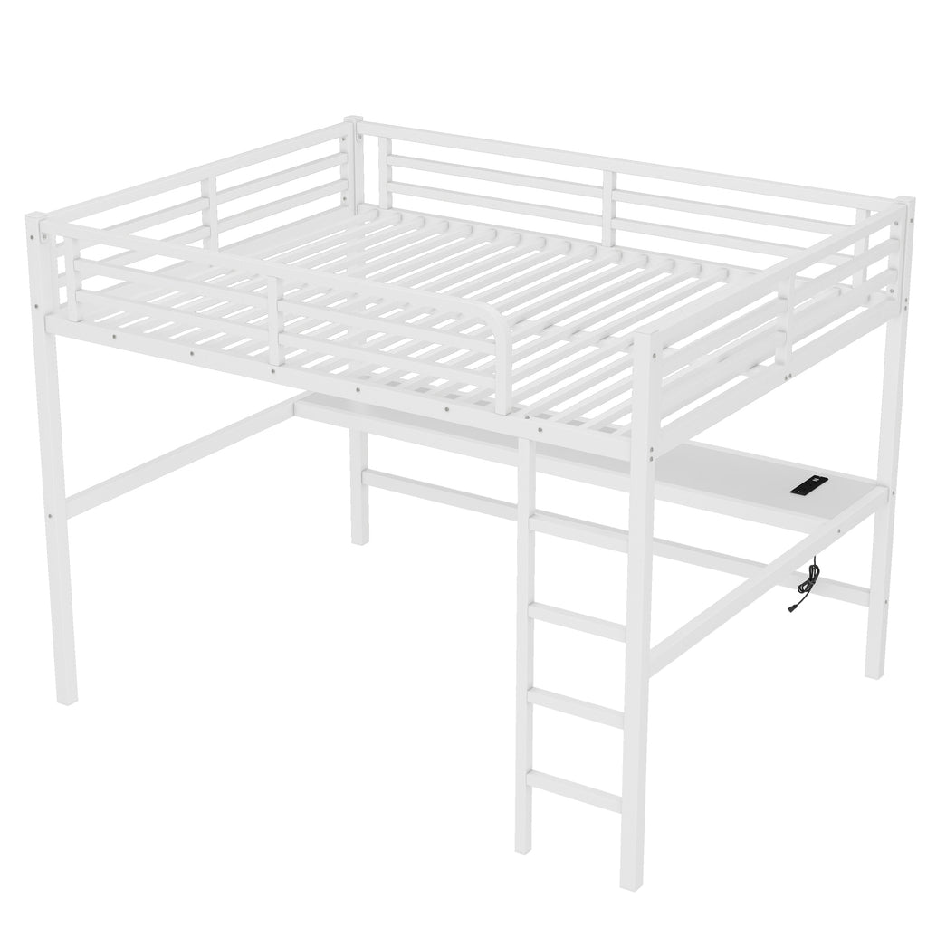 Metal Queen Size Loft Bed with Power Outlet and LED Lighting