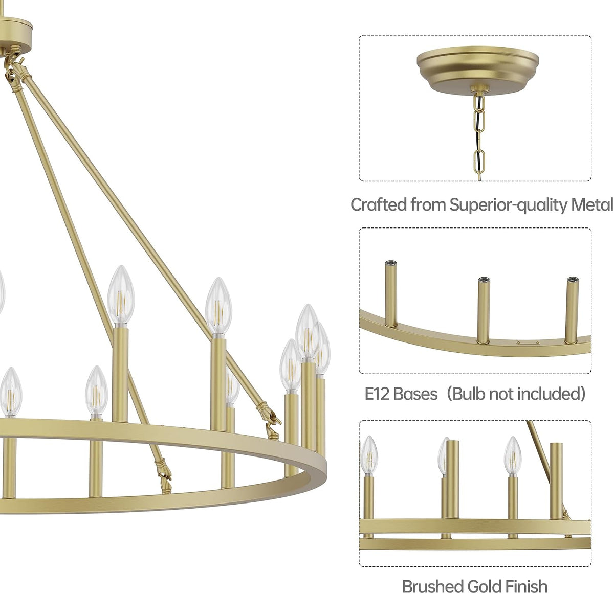 Gold Wagon Wheel Chandelier, 39-Inch Round, 16-Light Ceiling Fixture