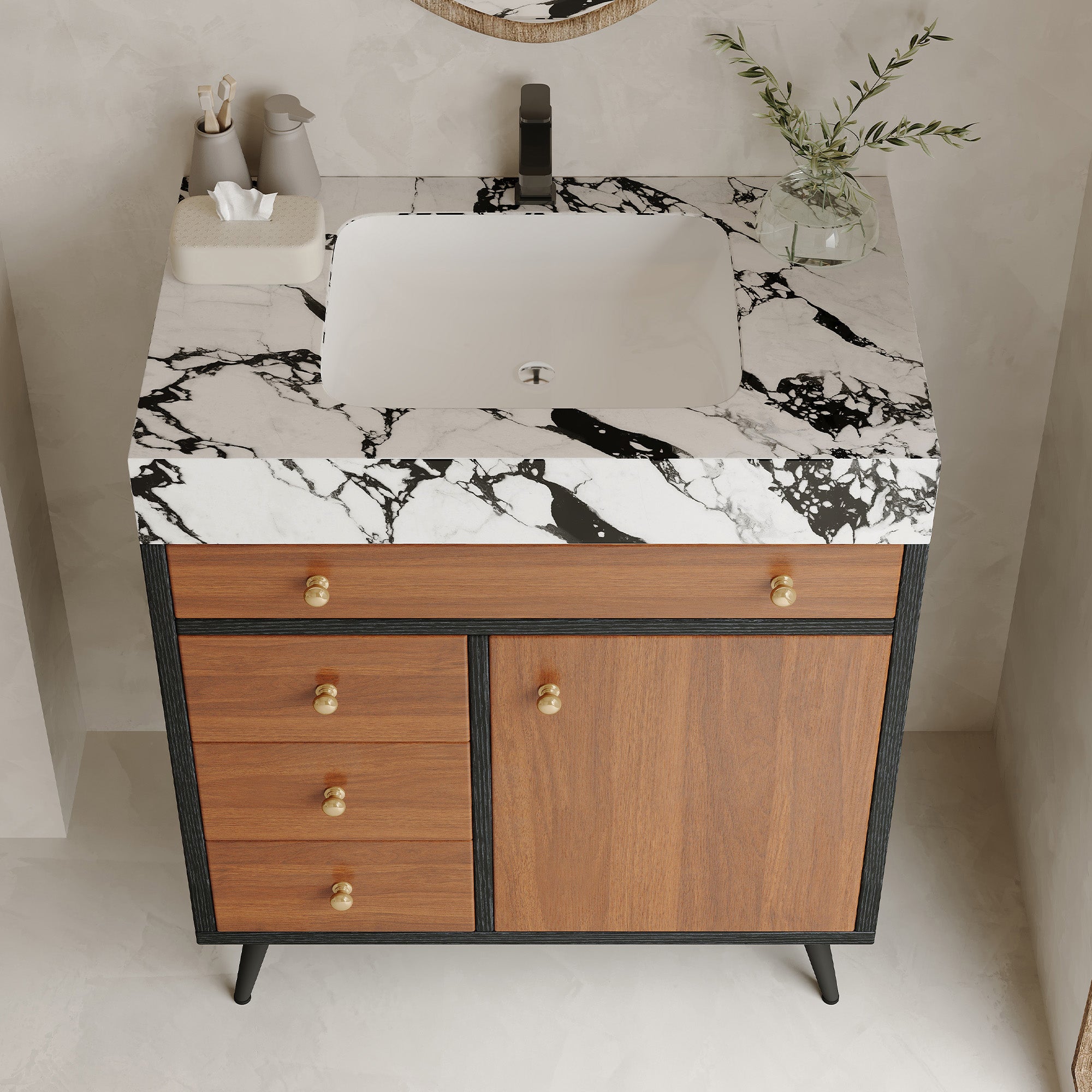 Modern Free-Standing Bathroom Vanity with Ceramic Sink & Sintered Stone Top