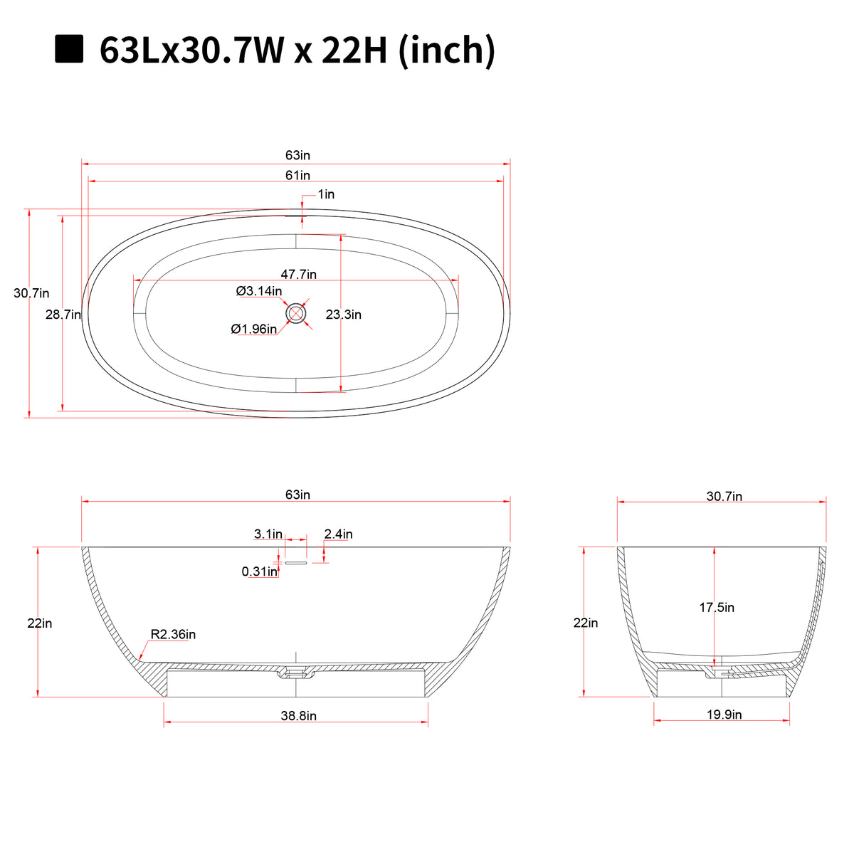 63-Inch Freestanding Soaking Bathtub, Solid Surface Stone Resin, Beige