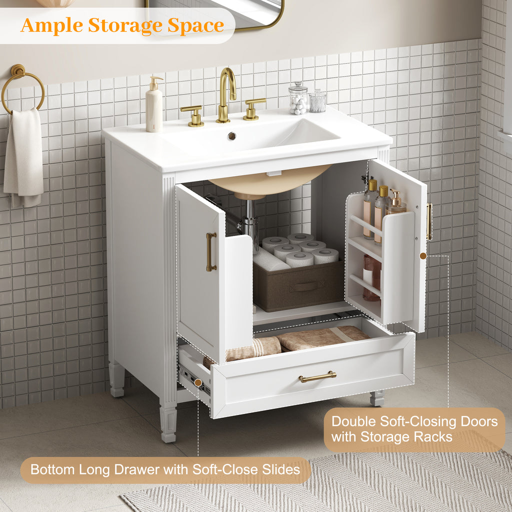 30" Elegant Fluted Bathroom Vanity with Ceramic Sink