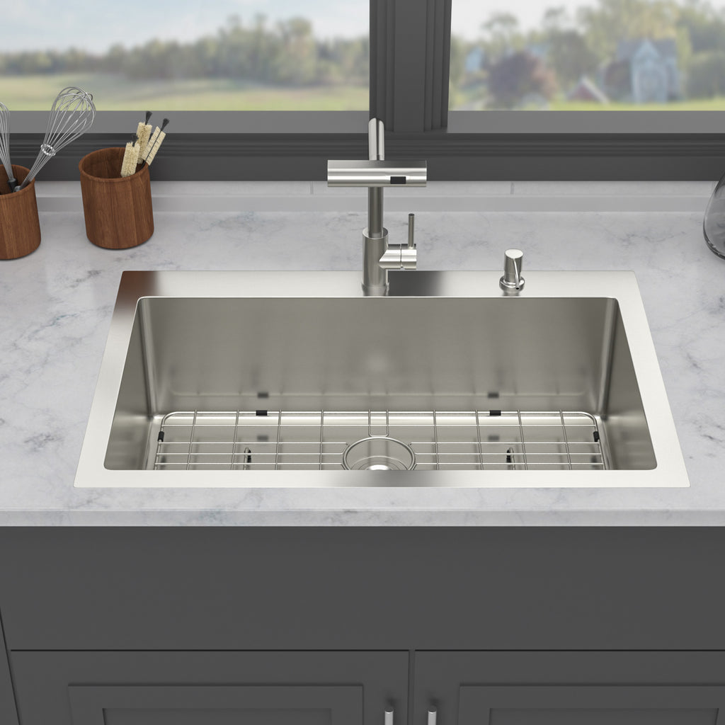 33" Drop-In Kitchen Sink with Pull-Out Faucet and Soap Dispenser