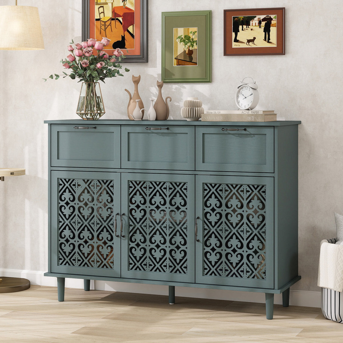 3 Door 3 Drawer Cabinet, Dark Green, 47-Inch Wide