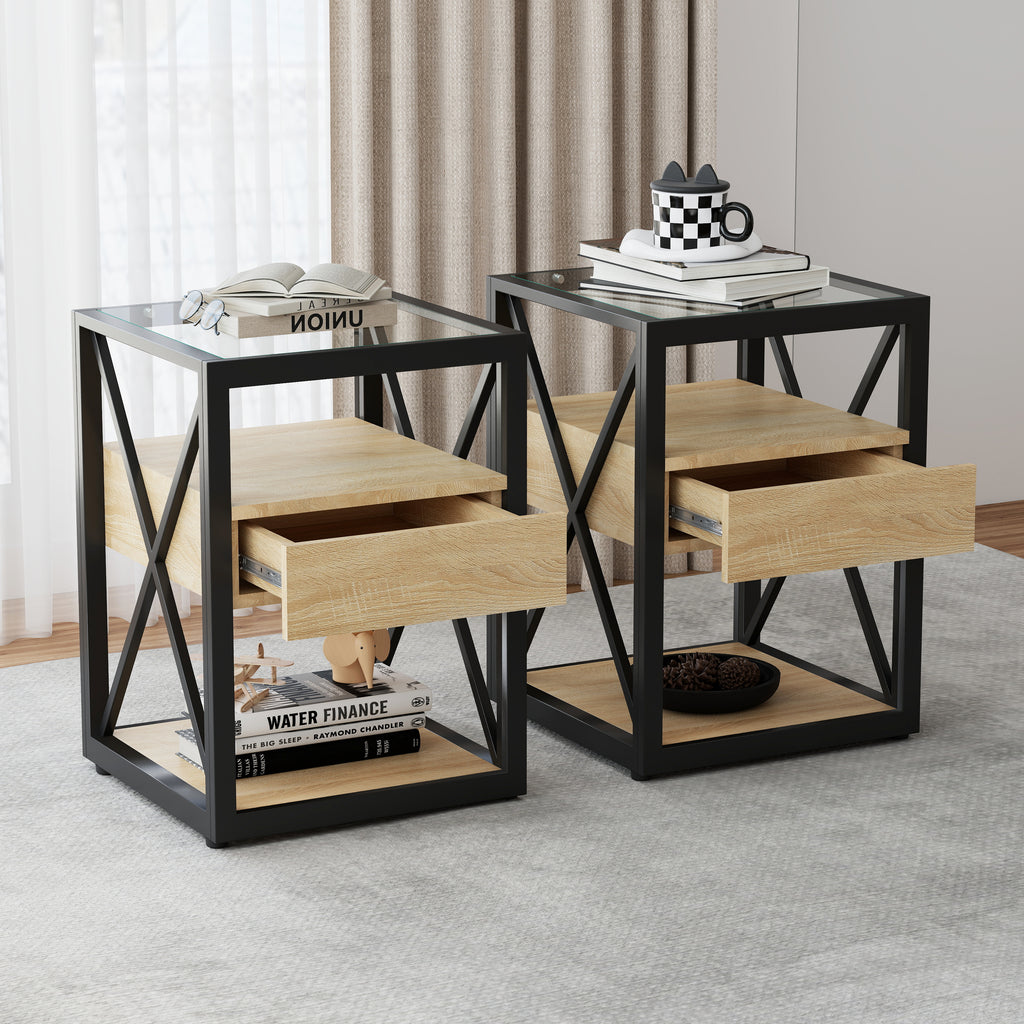 Set of 2 Modern End Table with Drawer - Nightstand for Bedroom & Living Room
