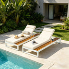 White Iron & Teak Finish Chaise Lounge Set