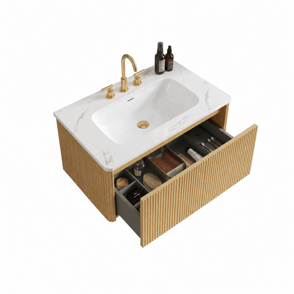 Etna 30-Inch Striped Light Oak Bathroom Vanity with Carrara White Ceramic Sink
