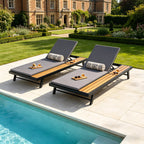 Black Iron + Teak Finish Outdoor Chaise Lounge Set with Dark