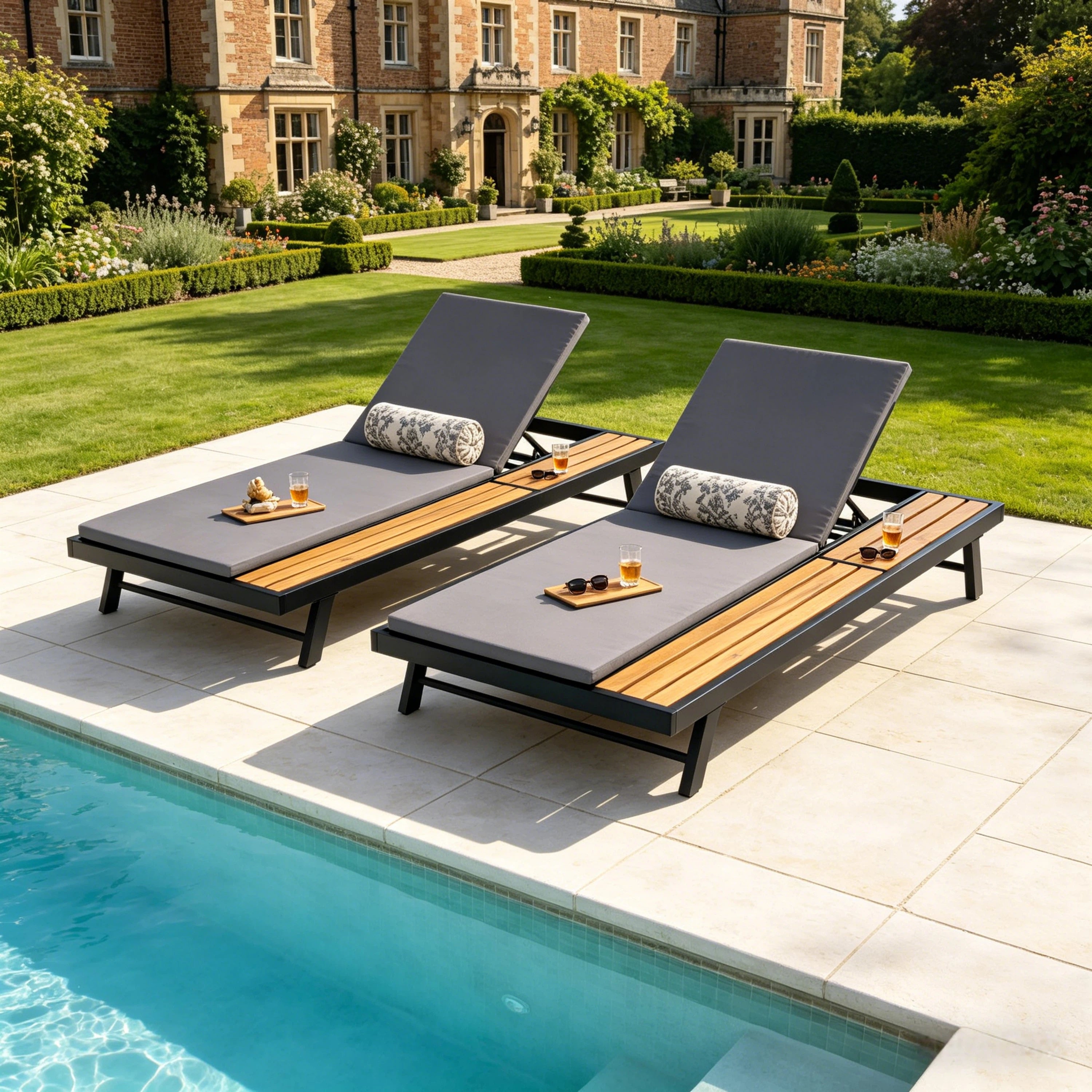 Black Iron + Teak Finish Outdoor Chaise Lounge Set with Dark
