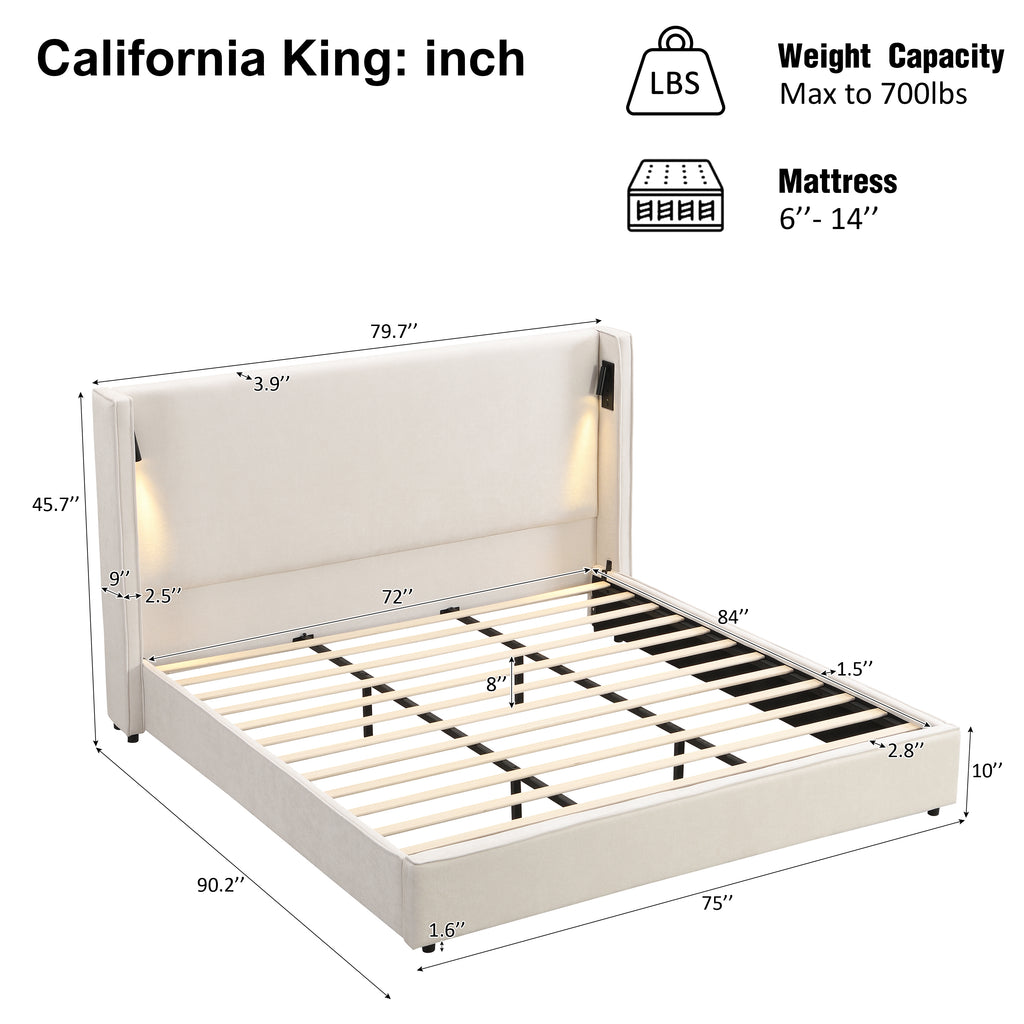 California King Size Upholstered Bed Frame with High Wingback Headboard