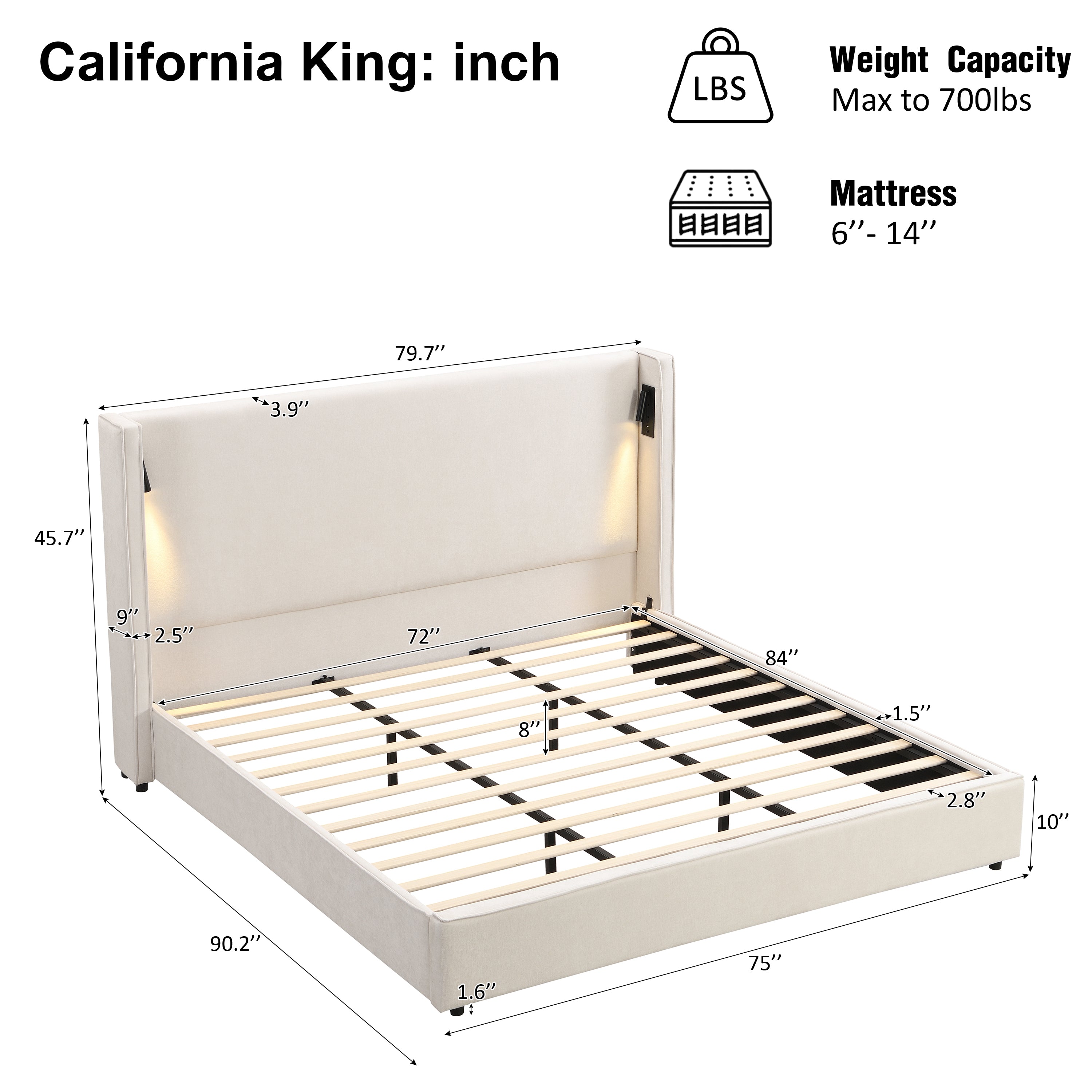 California King Size Upholstered Bed Frame with High Wingback Headboard