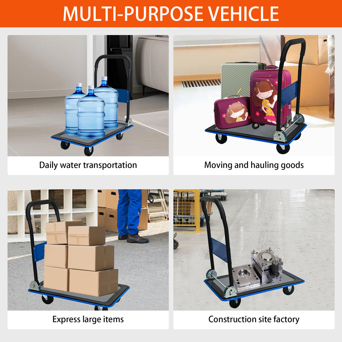 Flatbed Cart, 330-Pound Heavy Duty Capacity, Foldable Hand Truck, Blue