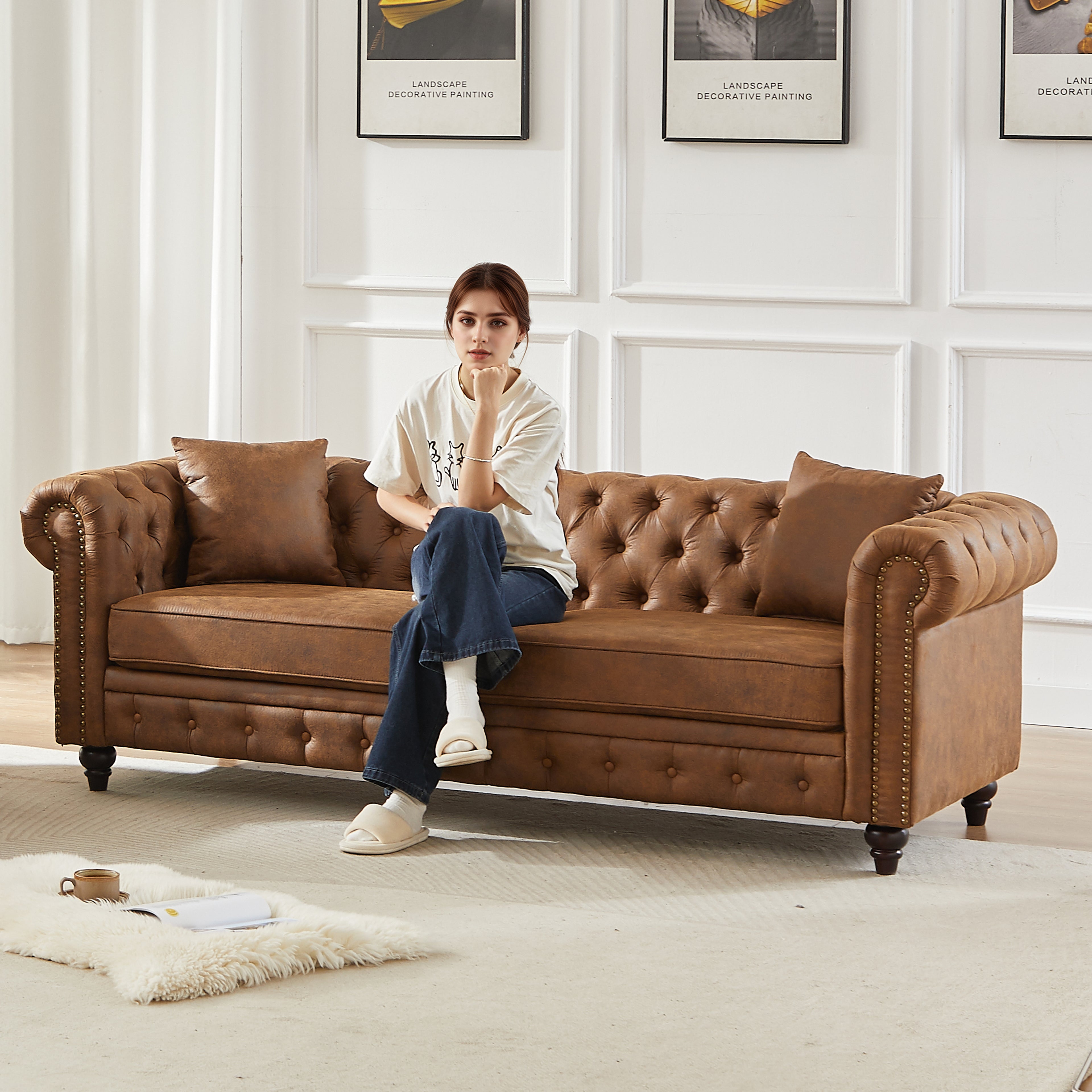 FX 85.5" Living Room Chesterfield Sofa with Rolled Arms