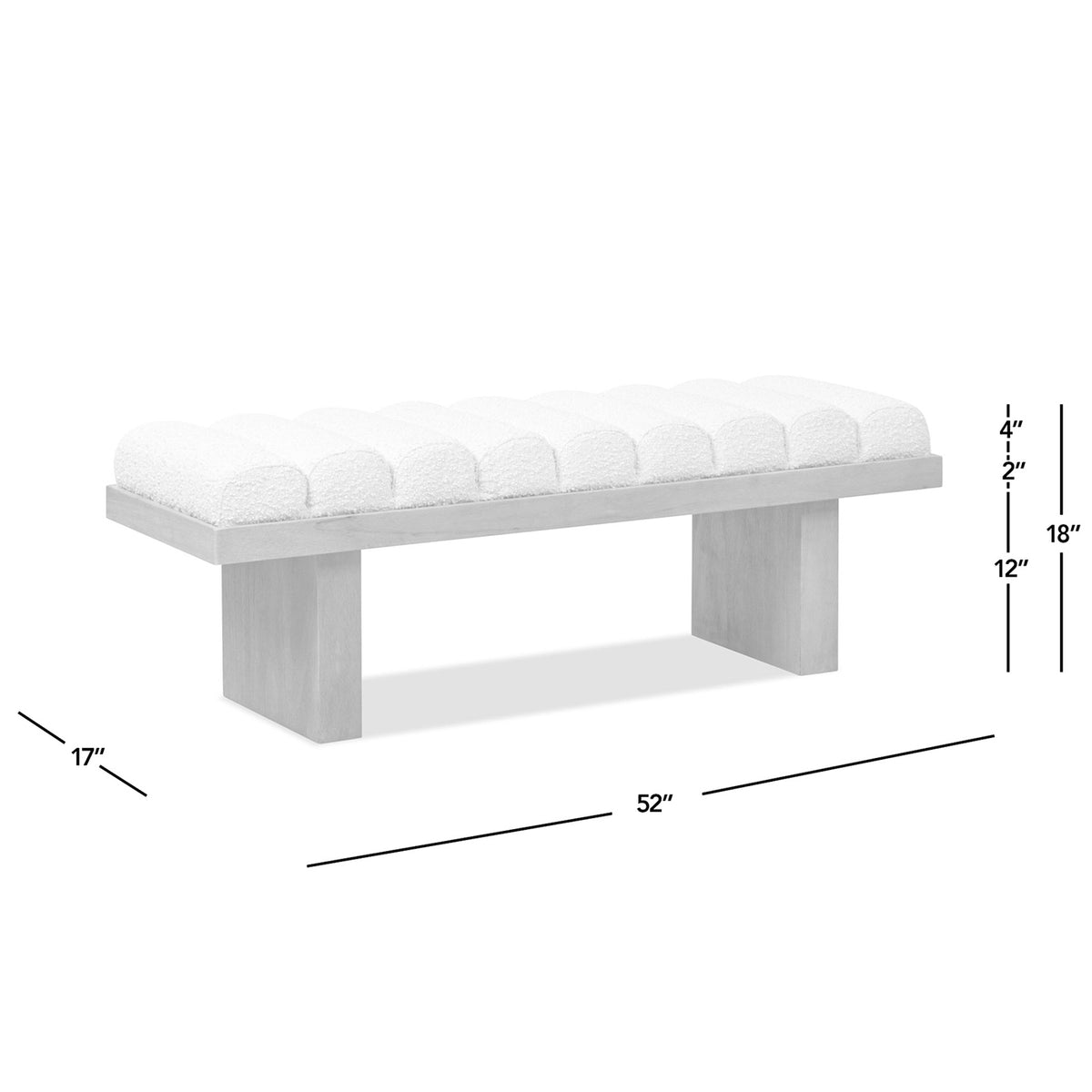 Bella 52-Inch Upholstered Accent Bench, Ivory White Boucle