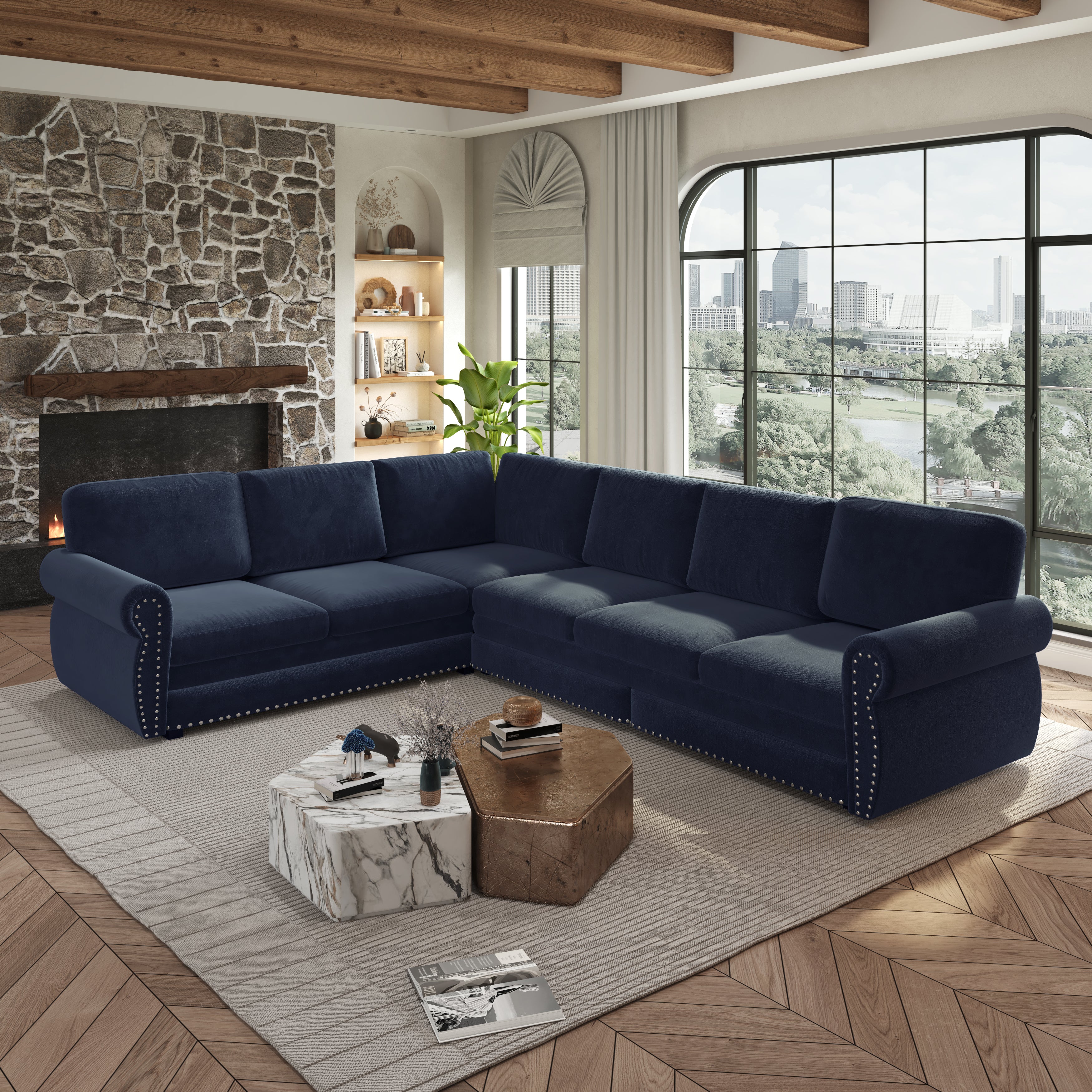 118" L-Shaped Sofa Couch with Pull-Out Bed