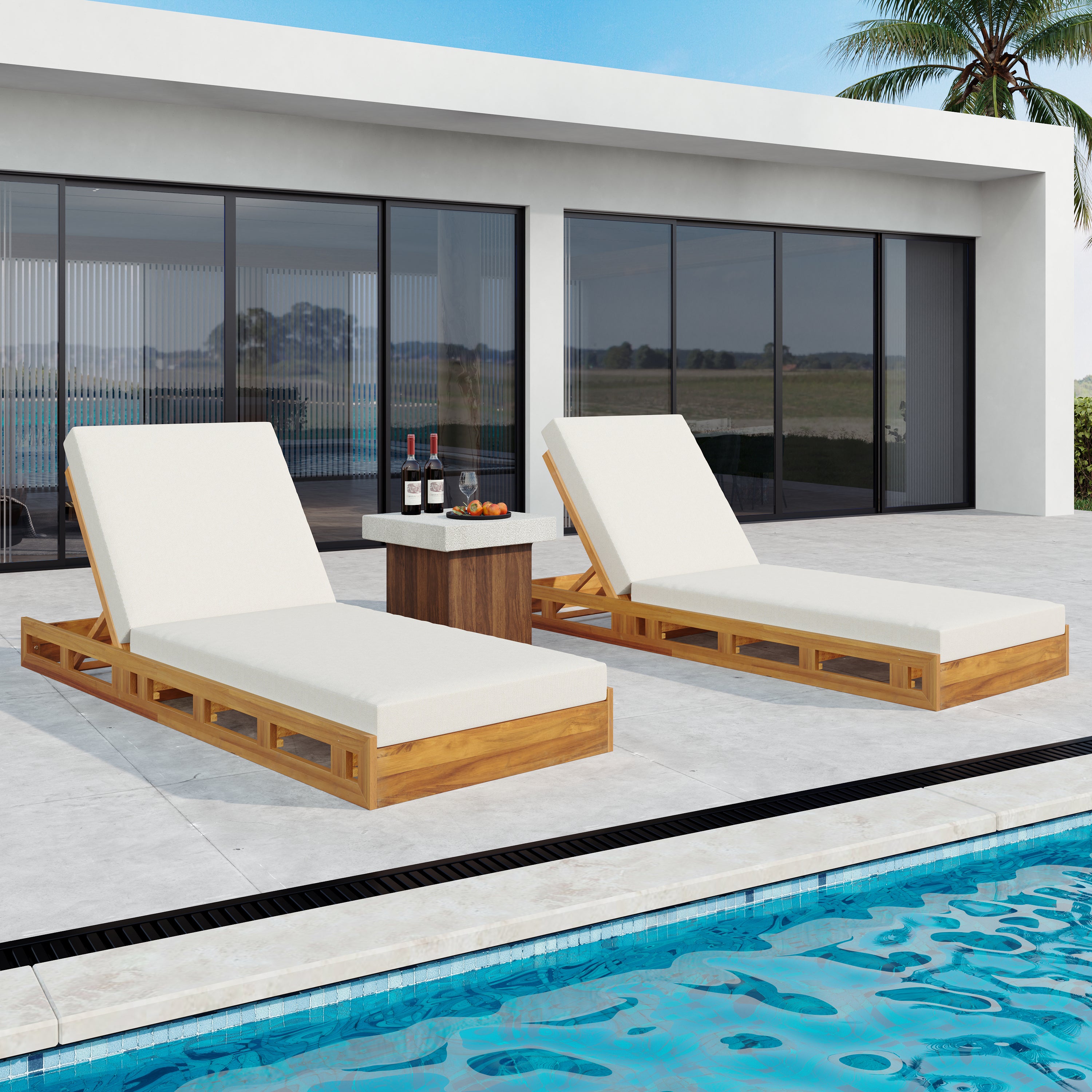 Lounge Chaise Set - Acacia Wood with Water-Resistant Cushions
